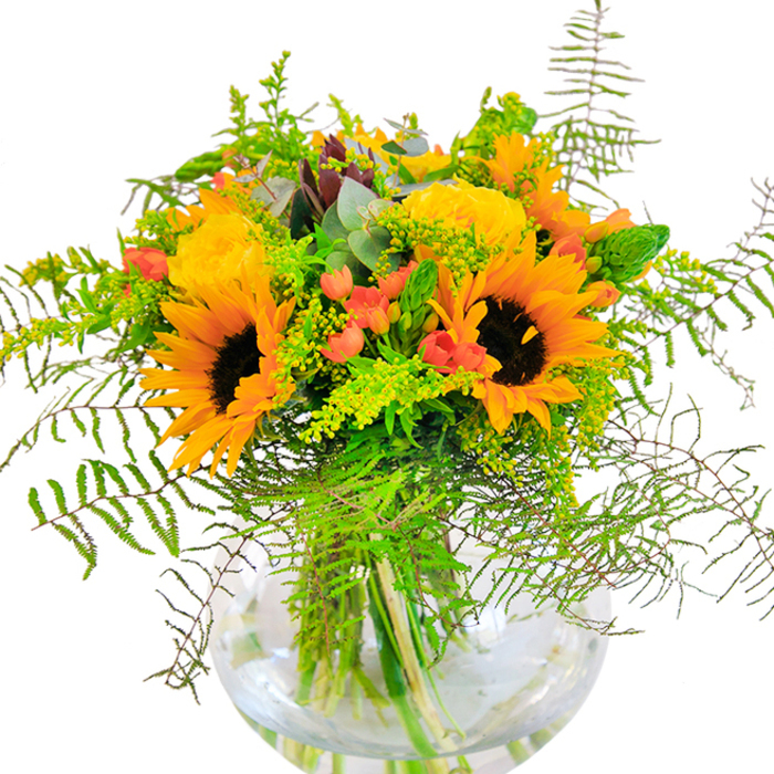 First impressions of this striking bouquet are of sheer sunlight, captured and arranged with signature Mayfair elegance. Sunflowers take centre stage-their vivid yellow petals and bold centres glowing with a radiance that rivals the morning light over Grosvenor Square. Woven seamlessly among them, classic garden roses in soft, buttery yellows offer an enduring refinement, each bloom opening in perfect, sculpted swirls. Scarlet Hypericum berries gleam brightly, adding playful splashes of red that stand out against the deep, lush greenery. Fern fronds and light, airy vines cascade over the edges, giving the bouquet a sense of gentle movement, much like the breeze drifting through Mayfair's secluded gardens. Filler accents of solidago and slender green flower spikes contribute extra texture and seasonal variety, with occasional glimpses of cool-toned eucalyptus leaves enhancing the natural palette. All are artfully presented in a rounded, clear glass vase, with every stem set deliberately to reveal elegant lines and fresh vitality-echoing the sophisticated displays found in Mount Street shopfronts. Up close, you'd sense the interplay of textures: the velvet touch of petals, the crisp delicacy of greenery, and the subtle, invigorating fragrance. This radiant arrangement is perfect for joyous occasions-from heartfelt birthdays and anniversaries to a centrepiece for an intimate dinner in Mayfair-making every moment feel special and steeped in beauty that is both local and timeless.