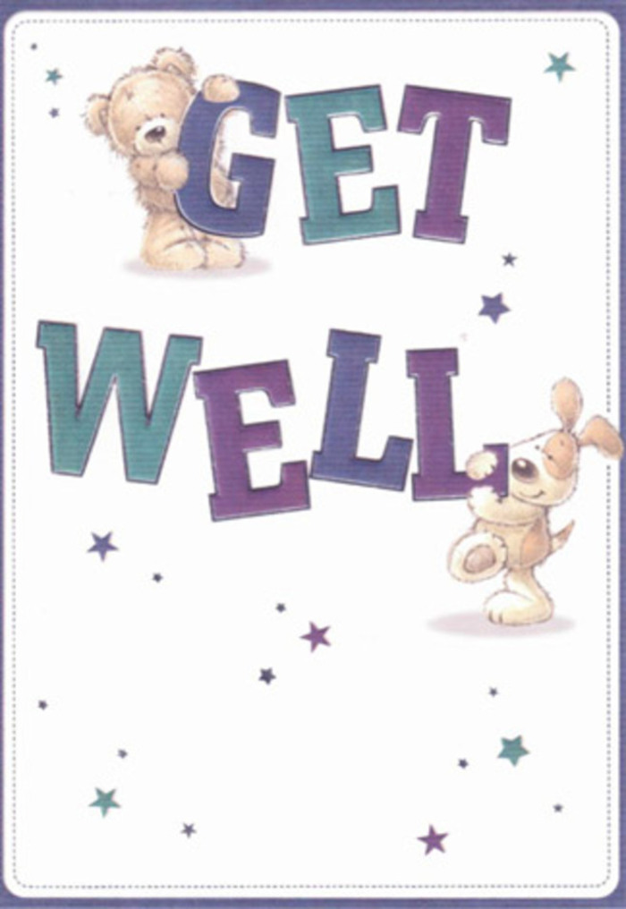The spirit of generous care that defines Mayfair comes alive in this heartening get well card, where art and emotion entwine gracefully. At the centre, a tender bear-its plush fur painted in inviting mocha and cream-rests its paws atop the exuberant, rounded letters that spell 'GET.' Just beneath, a puppy with sumptuous, droopy ears seems to nestle into the flourish of 'WELL,' its posture and expression radiating spirited support. Sprinkled about them are comic stars in tonal blues and purples, each twinkling stroke capturing the joy and reassurance of sending best wishes from local streets like Mount Street or Shepherd Market. The card's typography stands out boldly, gently shaded in twilight purples and aquas, instilling a mood of optimism and steadfastness. Soft highlights and subtle shadows on the characters' fur offer a near-tactile sensation, echoing the same high-quality craftsmanship found in Mayfair's boutique florists. The creamy white background imparts not just elegance, but a sense of open air and possibility, as if every element were arranged by hand to lift a loved one's spirits. Imagine this card delivered alongside a fragrant bouquet, the collective gesture sparking delight and comfort as only local care can. Every stroke feels intentional, every choice thoughtful-a celebration of empathy and artistry here in Mayfair.