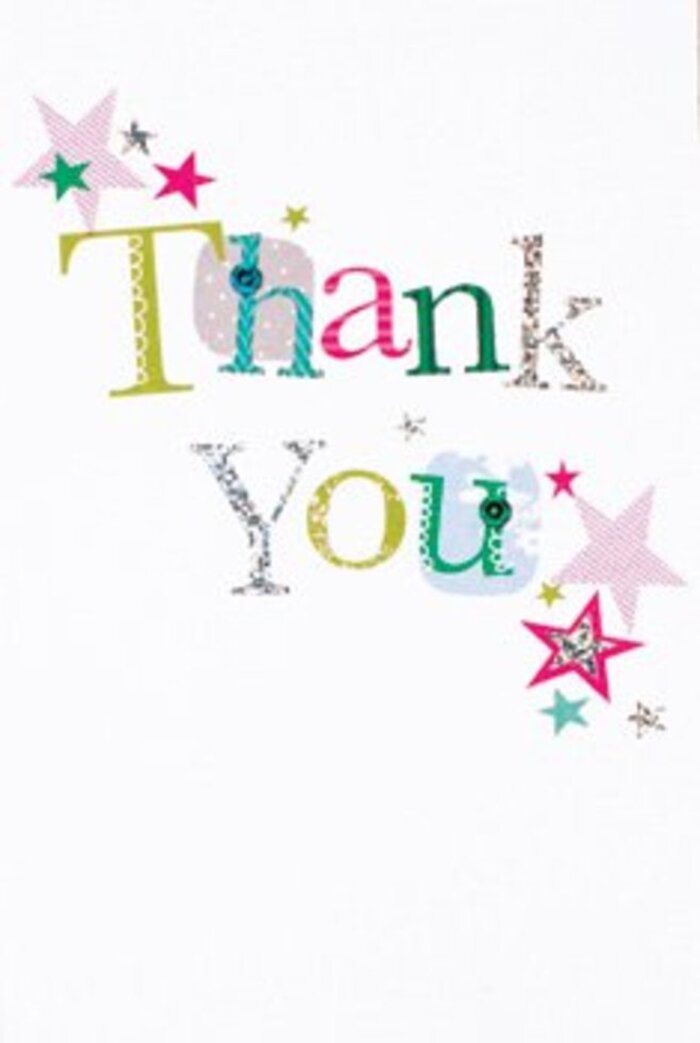 There's an understated vibrancy to this thank you card, its letters unfurling in graceful arcs akin to the looping petals of Mayfair's spring arrangements. Each character radiates individuality: playful dots, whimsical stitches, and curves in radiant turquoise or glimmering silver, alongside more demure strokes of blue and pink, conjure the diversity of blossoms found at the nearby flower stalls of South Audley Street. Star clusters-some sparkling with lines of pink, others shimmering in sterling silver or turquoise-encircle the message, imparting a sense of blessing and gentle exuberance, as if a burst of confetti has drifted in with the evening breeze from nearby Grosvenor Square. The composition is light-a crisp white backdrop lending space for each element to breathe, much like a luxurious bouquet arranged in the open windows of a Mayfair townhouse. This card's mood balances sophistication and whimsy, making it a universal gesture of gratitude equally fit for neighbours, colleagues, or friends met over coffee in Duke Street. It's a tactile keepsake, as elevating as a fresh bouquet from Mayfair Florist and as sincere as a handwritten note pressed between blossom-scented pages.