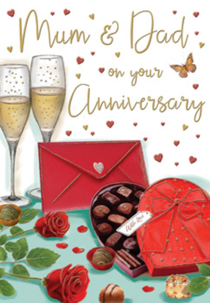Romantic anniversary card illustration that captures the warmth and elegance of a long marriage, portrayed as a carefully arranged still life that might sit on a polished Mayfair sideboard. At the centre of the composition stand two slender champagne flutes, their clear stems rising gracefully and their bowls brimming with a pale golden drink alive with tiny, dancing bubbles, suggesting the gentle clink of a toast shared between Mum and Dad. At the base of the glasses, two red roses lie diagonally across the scene, their petals plush and full, like roses freshly delivered from Mayfair Florist, with deep green foliage curling naturally underneath. To one side sits a luxurious heart-shaped box of chocolates, its casing a rich, glossy red topped with a dramatic satin bow, now loosened and pushed back to reveal an assortment of truffles arranged in neat rows. A few chocolates are scattered casually on the table, adding a hint of spontaneity and indulgence. Surrounding the main elements, golden and crimson hearts drift across a light background, creating a sense of movement, festivity, and affection. The words 'Mum & Dad' appear in warm, hand-lettered script, giving the image a personal, family-focused feel rather than a generic romantic card. A bright scarlet envelope rests in the foreground, slightly overlapping the chocolate box, suggesting a heartfelt anniversary message written earlier, perhaps before a stroll through Green Park. Soft, even lighting casts gentle highlights on the glass and ribbon, wrapping the whole tableau in a glow that feels celebratory yet intimate, perfect for marking a milestone shared quietly at home in Mayfair.