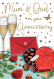 Illustrated anniversary card scene that feels like a tender celebration set just off Berkeley Square, filled with rich reds, golds, and romantic detail for Mum and Dad. The eye is first drawn to two tall champagne flutes, placed close together as if in mid-toast, each filled with a pale, sparkling golden drink where fine bubbles rise delicately to the surface. At their base, two perfectly formed red roses lie on the tabletop, their petals layered and velvety, the deep ruby colour echoed by the surrounding crimson hearts. Fresh green leaves peek from beneath the blooms, adding a sense of life and movement, like roses that have just been chosen from a trusted Mayfair florist. To the right, an open heart-shaped box of chocolates becomes a focal point: the lid, a rich scarlet red adorned with an opulent satin bow, is tipped back to reveal rows of beautifully shaded chocolates in milk and dark tones. A few truffles have tumbled onto the table, inviting the idea of sharing and laughter. Tiny red and gold hearts and decorative flourishes drift through the background, framing a hand-drawn 'Mum & Dad' message that feels playful yet deeply affectionate. In the foreground, a bright red envelope, sealed and angled slightly, suggests a personal, handwritten note, perhaps prepared earlier in the day before an anniversary dinner nearby. The overall composition glows as though lit by soft evening light, conveying warmth, nostalgia, and the gentle joy of looking back together on many shared years.